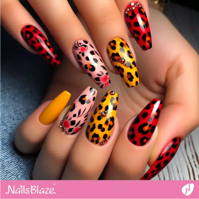 Embellished Glossy Nails with Leopard Print | Animal Print Nails - NB2582